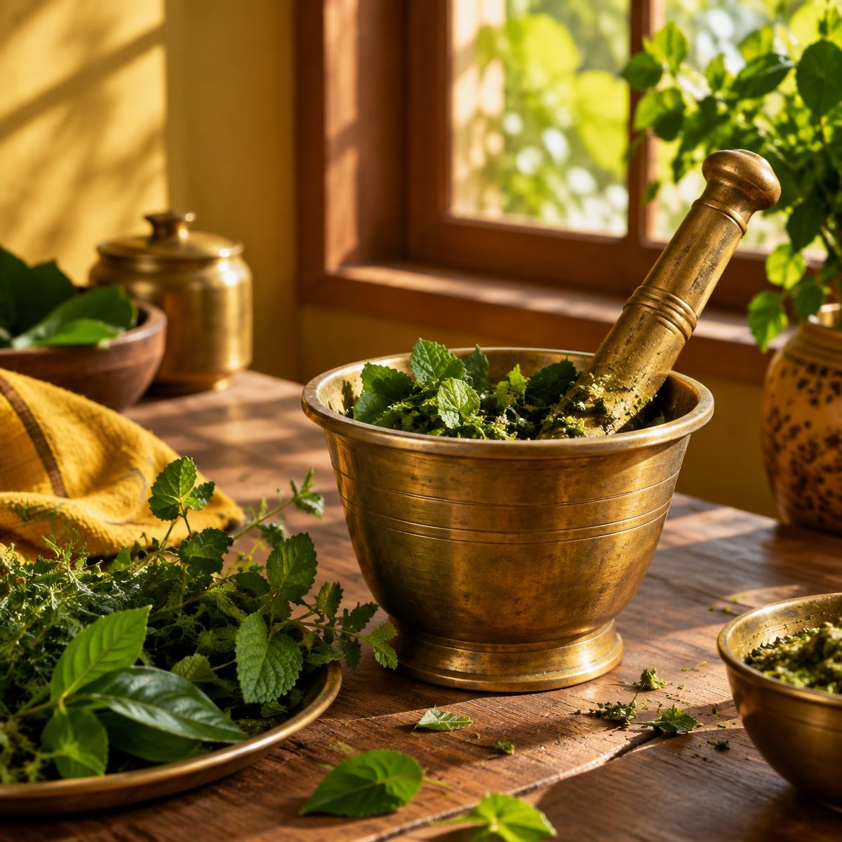 Traditional brass mortar with fresh herbs