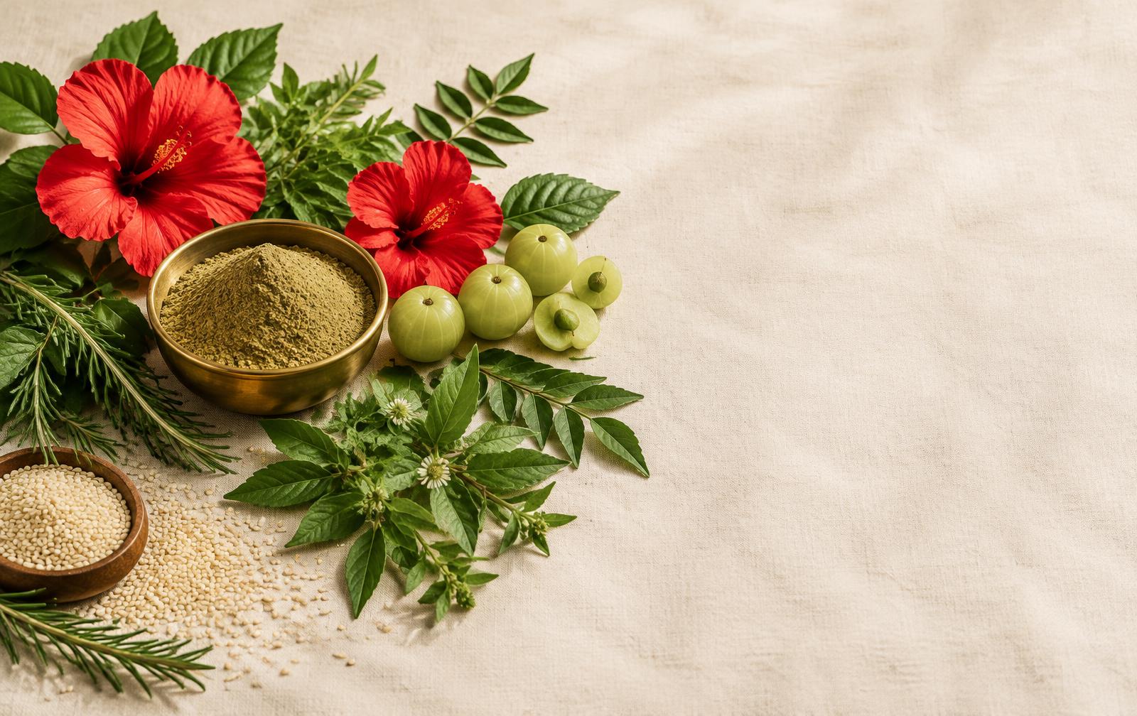 Hibiscus, amla and herbs used in traditional Indian hair care