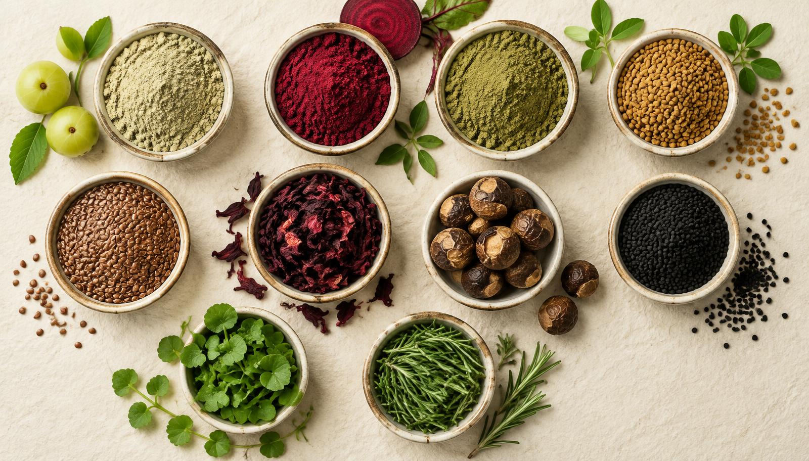 A selection of Indian herbs, seeds and botanical powders